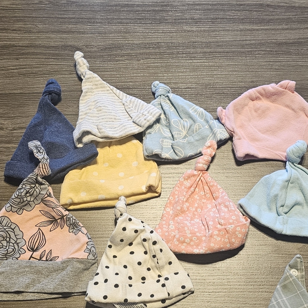 Colorful Knotted Baby Hats And Triangular Bibs